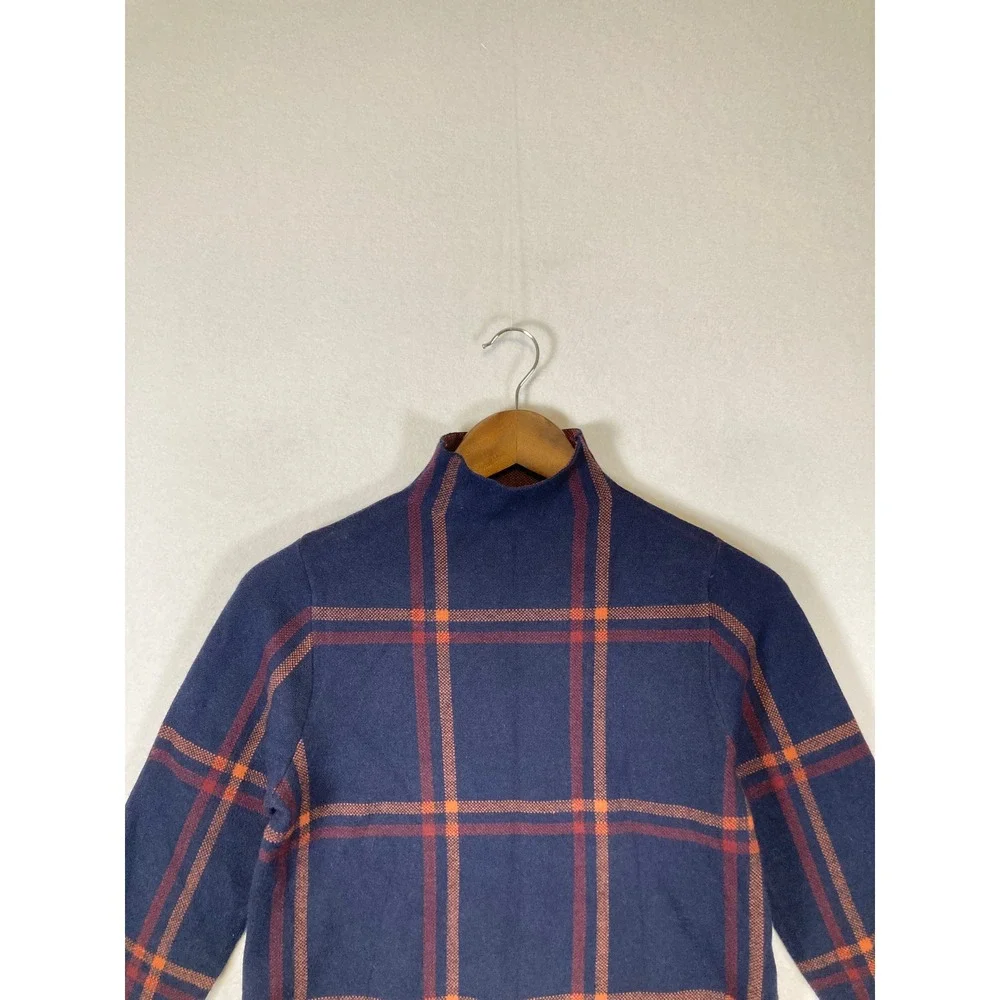Dark Academia Max Studio Women‎ S Navy Blue Orange Plaid Mock Neck Sweater